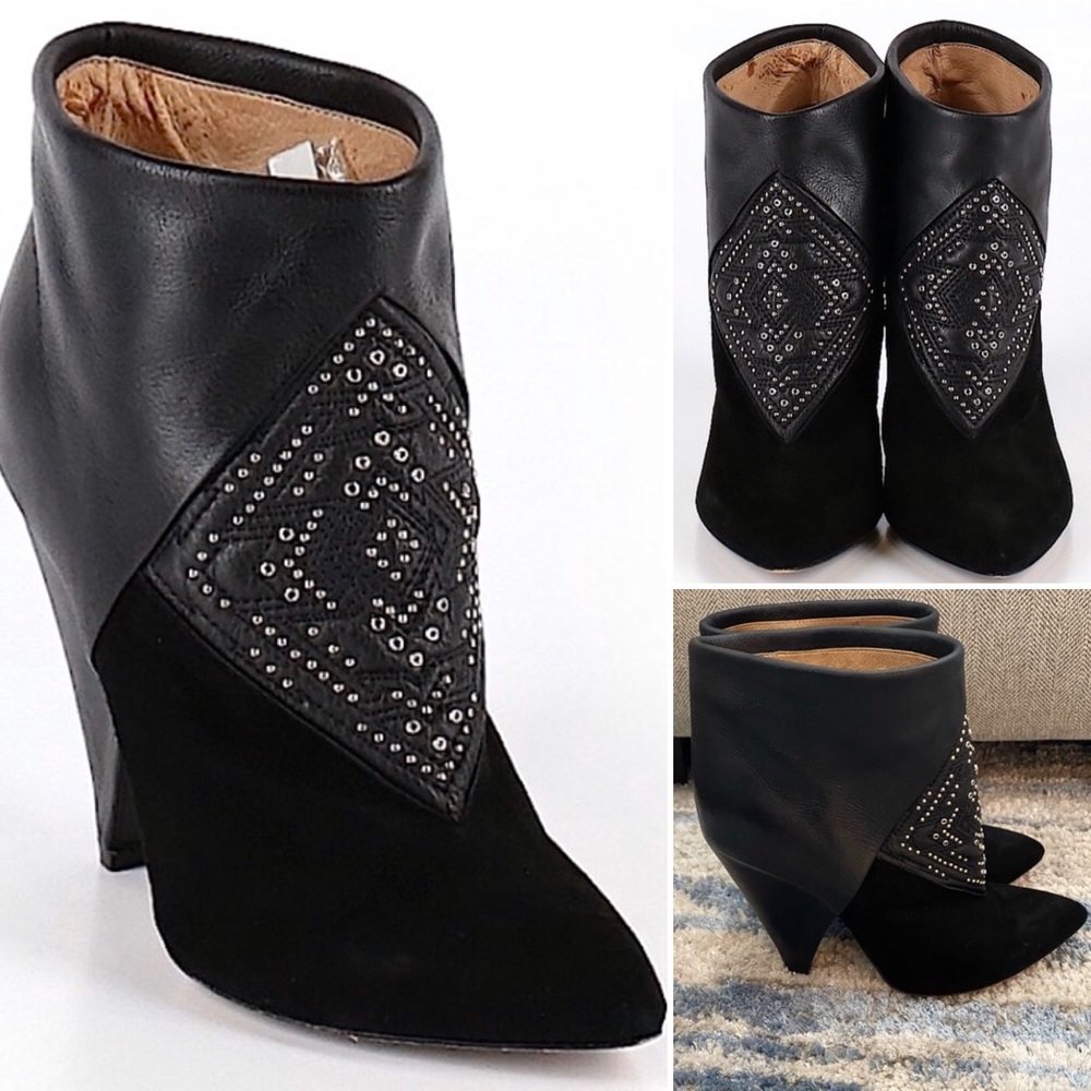 Iro Black Leather Suede Stud Detail Chunky Hidden Cone Heel Ankle Boots US 7